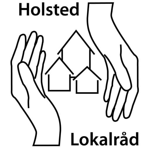 Holsted Lokalråd Logo fællesskab lokal udvikling to hænder beskytter omfavner tre huse lokalsamfund Vejen kommune Stationsby